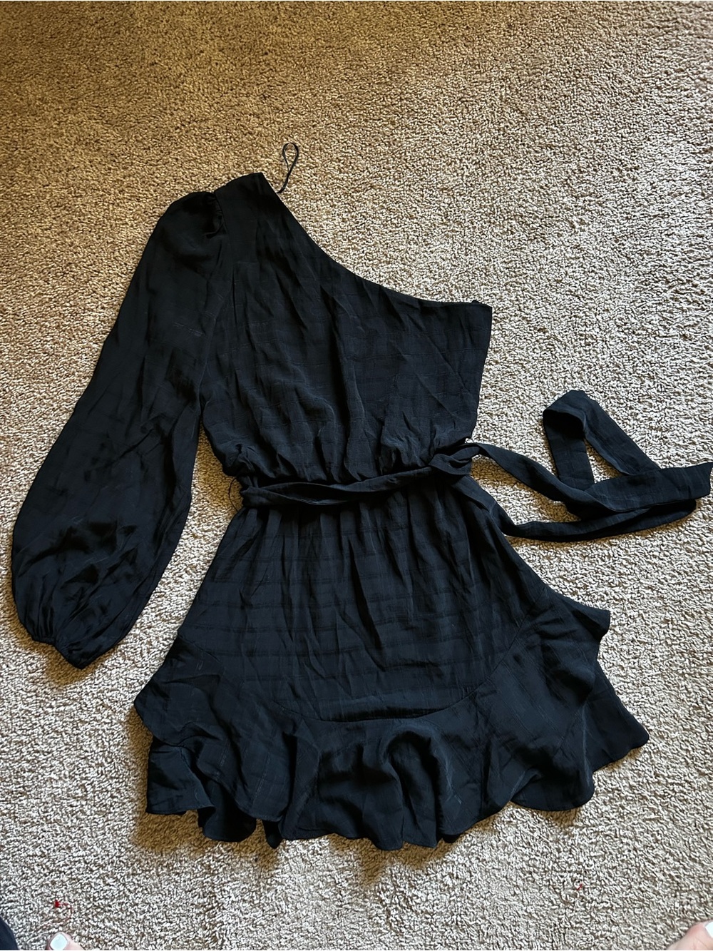 Lush Black One-Shoulder Long-Sleeve Ruffle-Hem Mini Dress